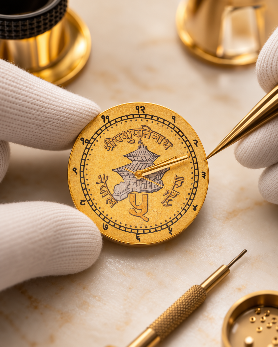 Illustrative assembly concept of a gold Pashupatinath inspired watch dial with Devanagari numerals