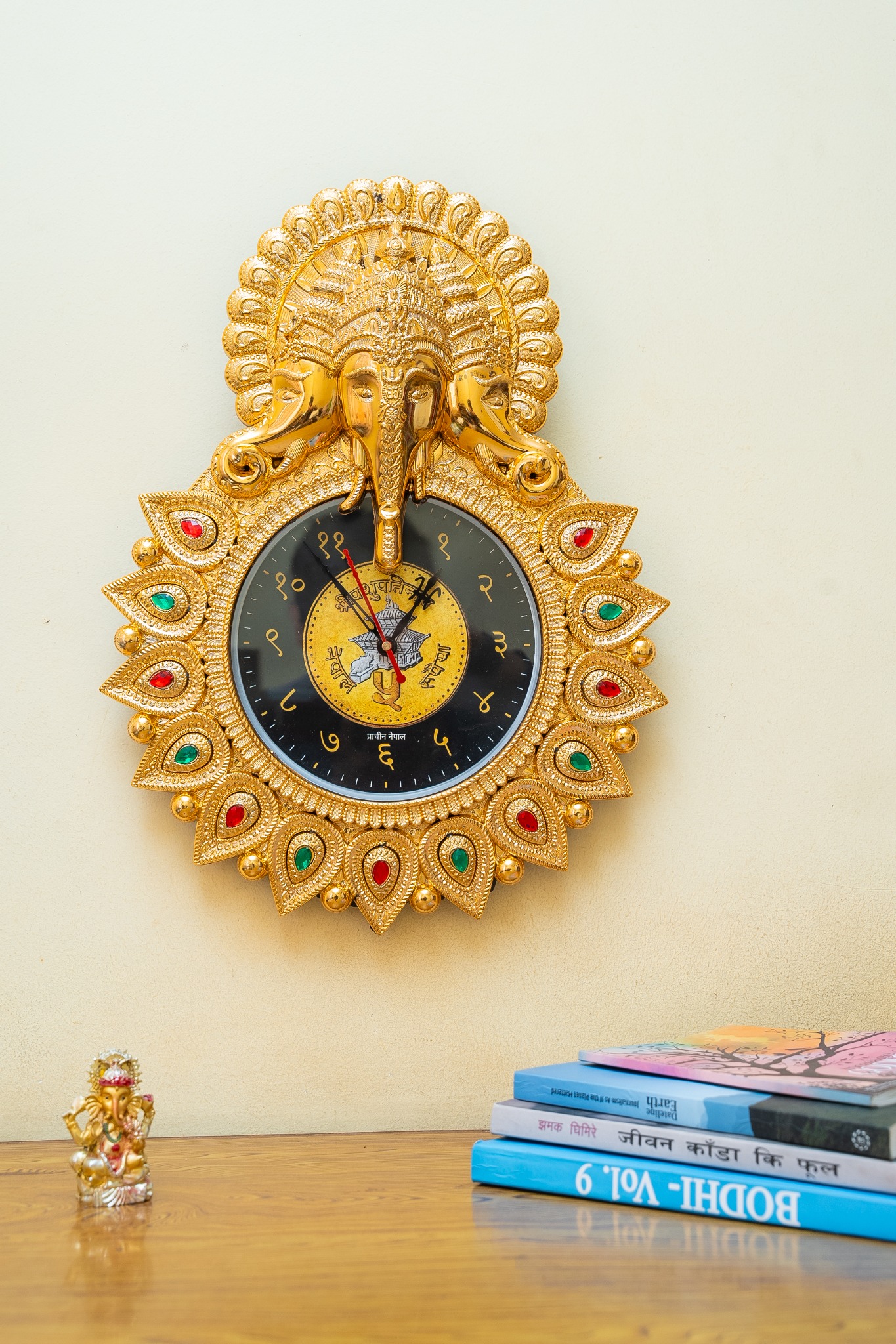 Pashupatinath and Ganesh Wall Clock Edition with gold Ganesh frame and Devanagari numerals